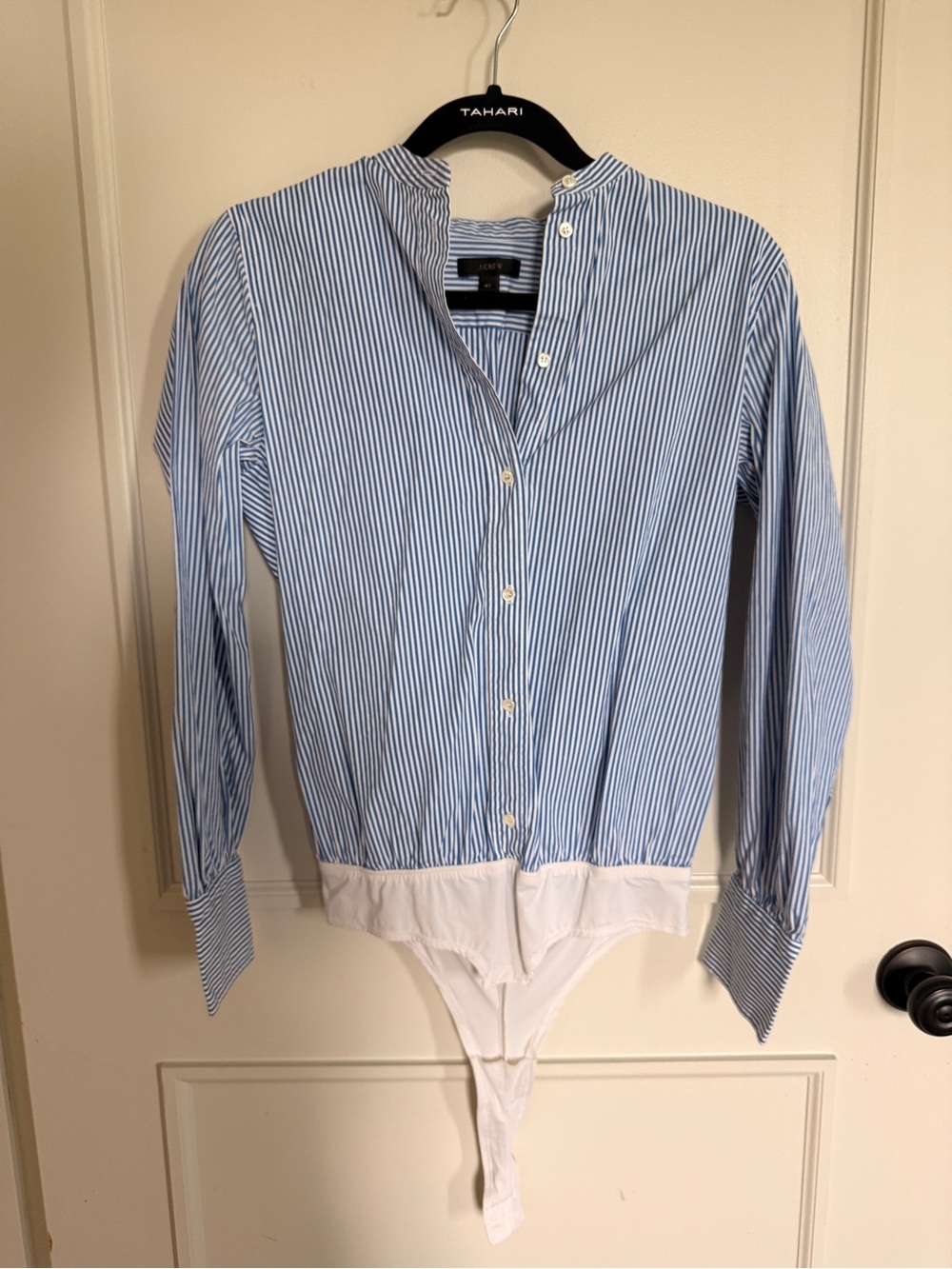 J. Crew Blue and White Stripe Button-Down Bodysuit Shirt